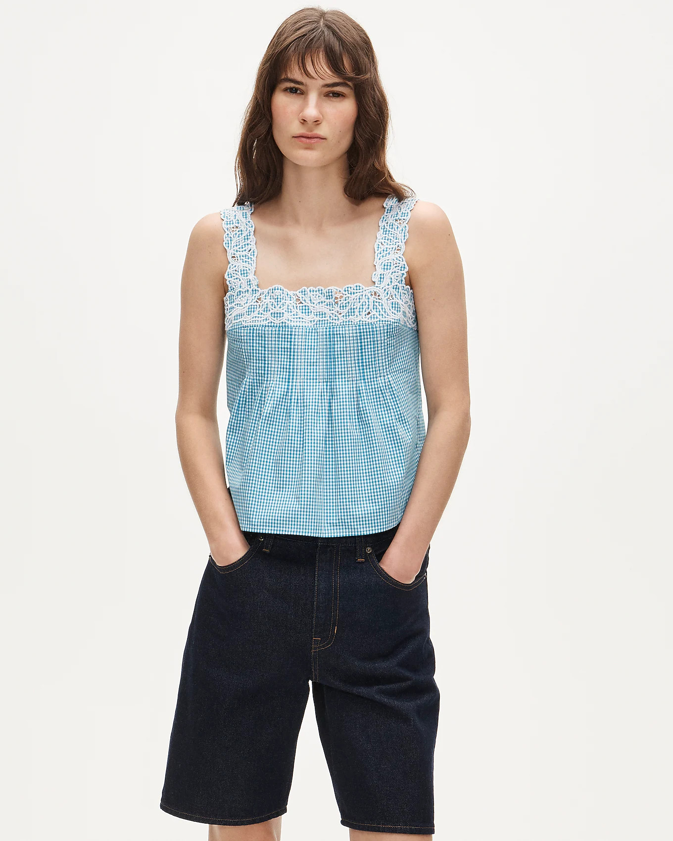 Embroidered lace-trim tank top in gingham compact poplin | J. Crew US