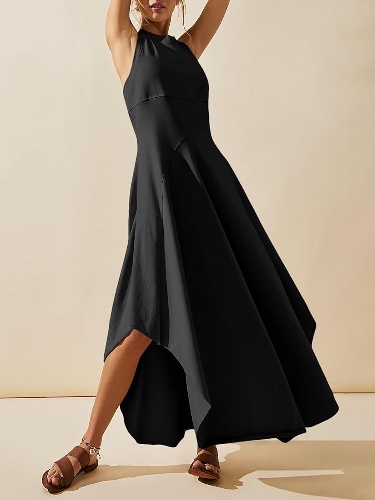 Fisoew Womens Summer Sleeveless Maxi Dress Asymmetrical Hem Crew Neck High Waist A Line Flowy Cas... | Amazon (US)