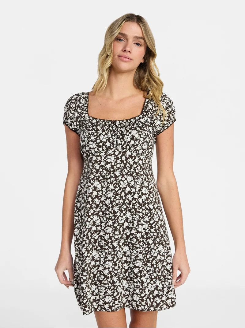 No Boundaries Fit and Flare Dress with Puff Sleeves, Women's XXS-XXL | Walmart (US)