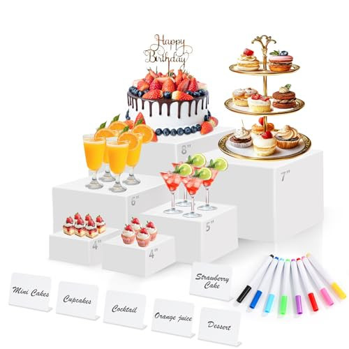 6 Pcs White Acrylic Buffet Risers with Mini Sign and Maker, Food Display Stands for Buffet Table Party Catering Dessert Jewelry Collectibles,Nesting Cube Boxes with Hollow Bottoms (8",7",6",5",4",4") | Amazon (US)