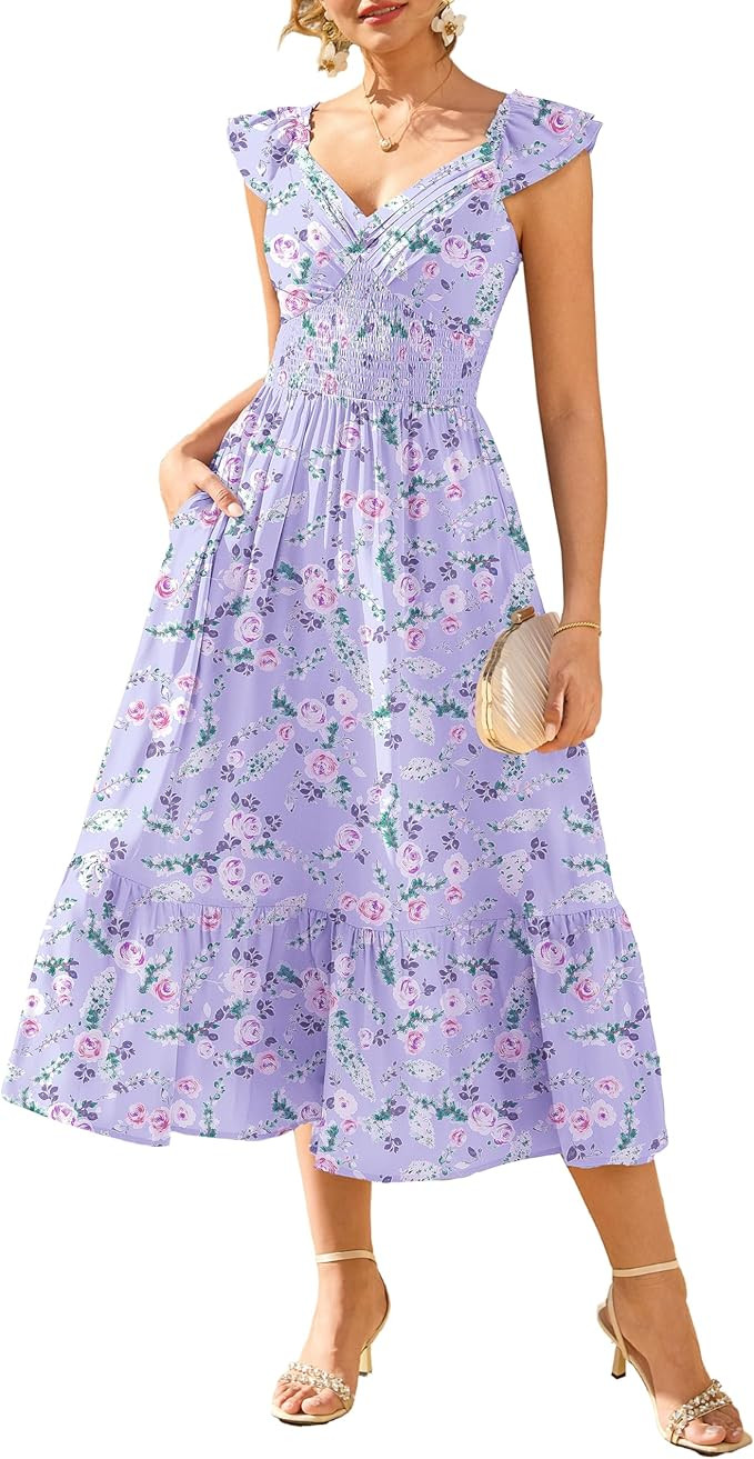 GRACE KARIN Women's Summer Floral Maxi Dress 2026 Ruffle Sleeve Smocked Sundress Flowy Wedding Gu... | Amazon (US)