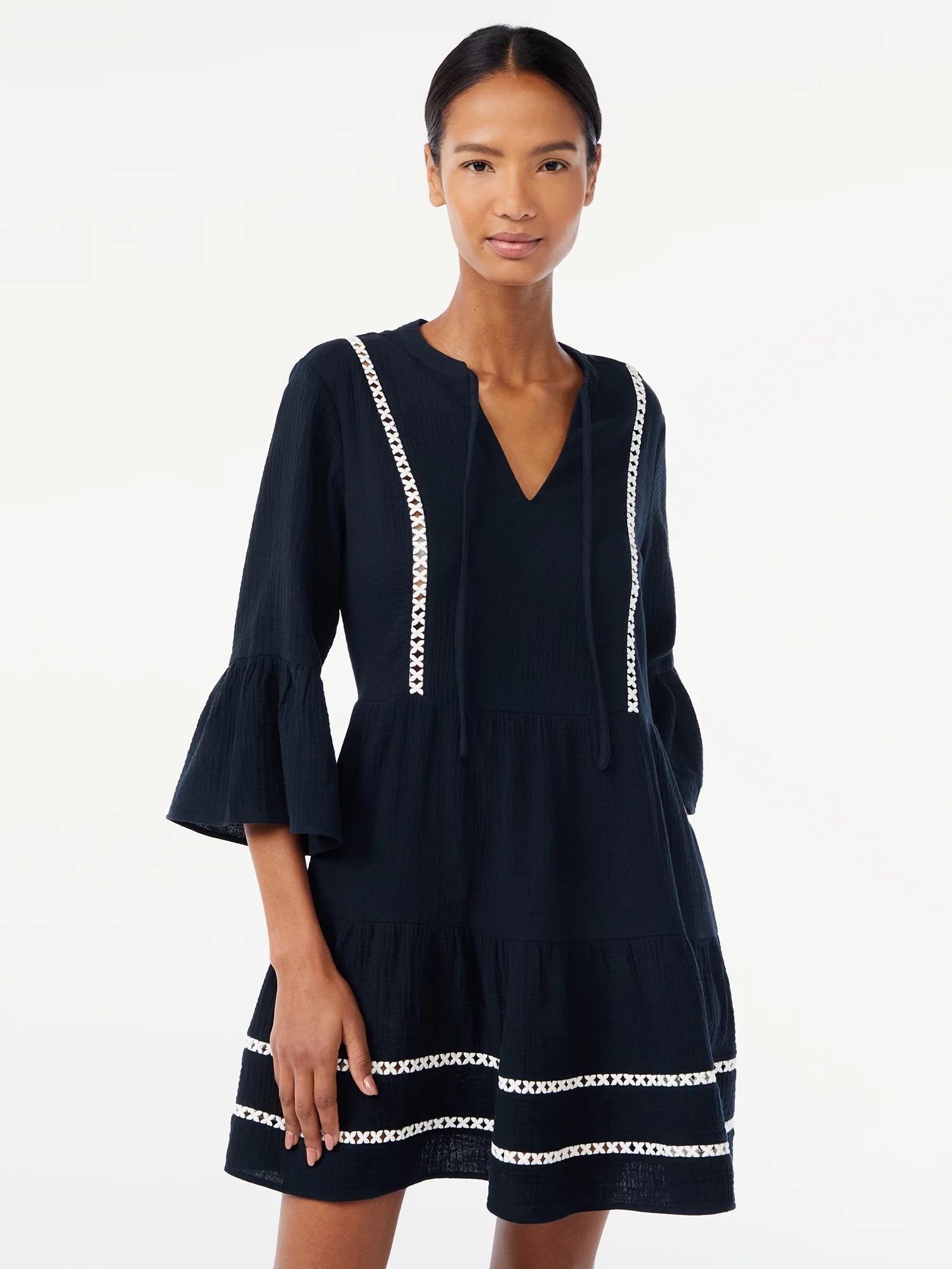 Scoop Women's Lace Trimmed Mini Dress with ¾ Sleeves | Walmart (US)