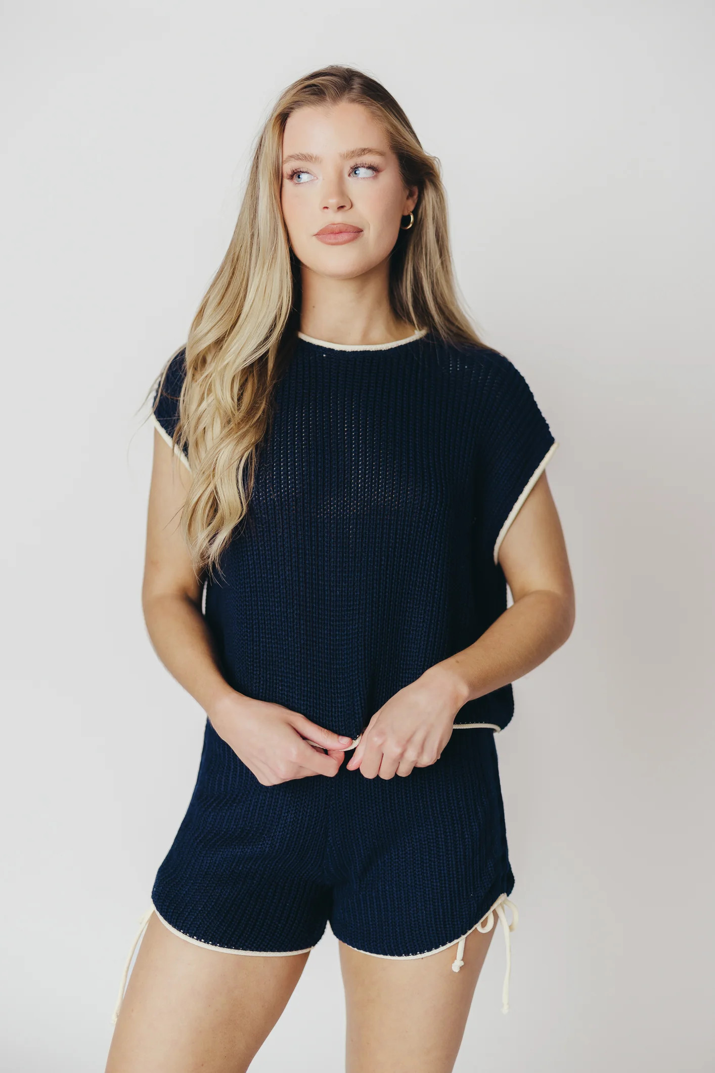 Yvonne Ruched Knit Top and Shorts Set with Contrast Detail in Navy/Ivo | Worth Collective
