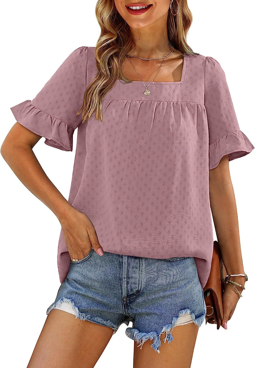 Womens Blouses and Tops Dressy Square Neck Ruffle Sleeve Summer Shirts Tie Back | Amazon (US)