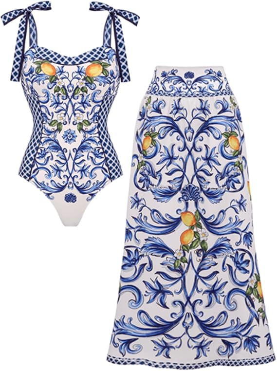 FLAXMAKER Women's One Piece Bowknot Tie Shoulder Adjustable Swimsuit Lemon Printed Swimsuit Skirt... | Amazon (US)