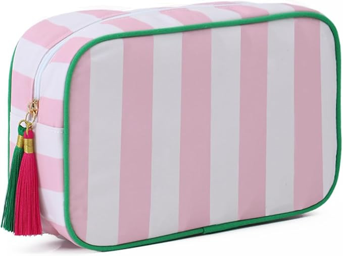 Stripe Makeup Bag Travel Cosmetic Bag Organizer Tassel Toiletry Bag Large Canvas Zipper Pouch and... | Amazon (US)