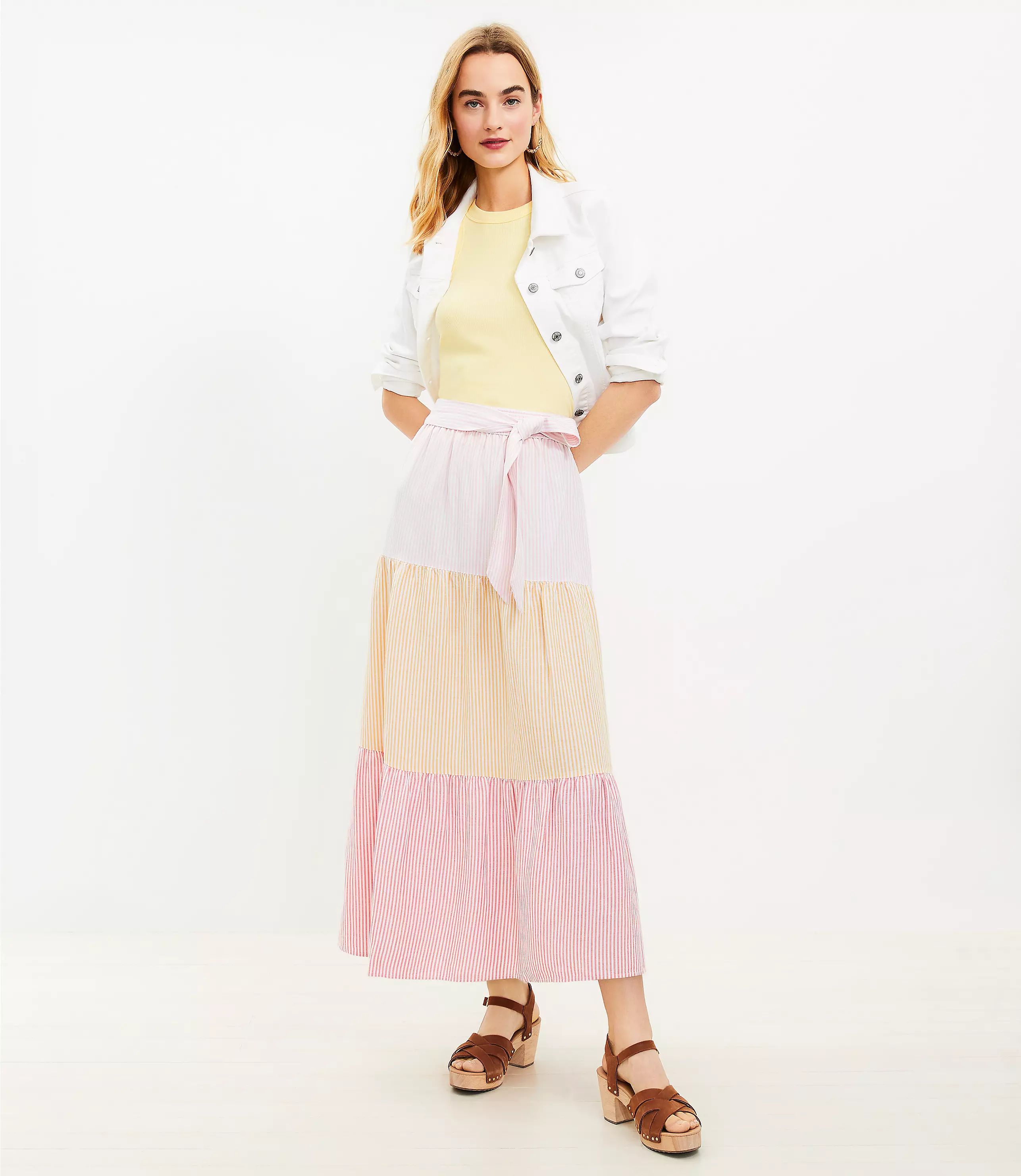 Striped Tie Waist Tiered Midi Skirt | LOFT