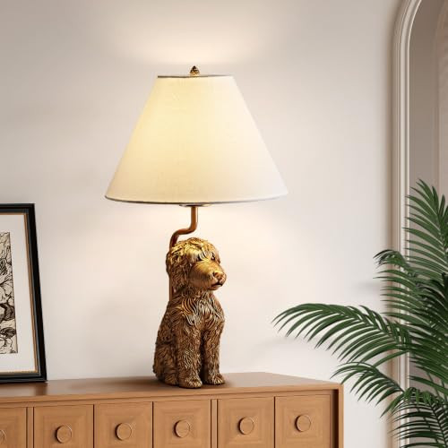 Bennyes Gold Resin Doodle Dog Table Lamp Resin Desk Lamp with Linen Shade Unique Animal Sculptural Light Cute Bedside Lamp for Bedroom Living Room Home Decor | Amazon (US)