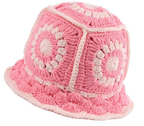 XYIYI Pink Women Crochet Bucket Hat Knit Handmade Foldable Beach Hat Cute Hand Woven Fishing Hat | Amazon (US)