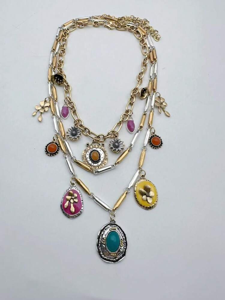 1 Set Fashionable Multi-Layer Vintage Flower Dopamine Color Necklace | SHEIN