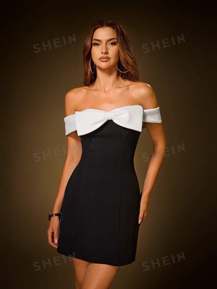 SHEIN SXY Elegant Minimalist Black & White Contrast Bow Decor Off The Shoulder A-Line Mini Dress,... | SHEIN