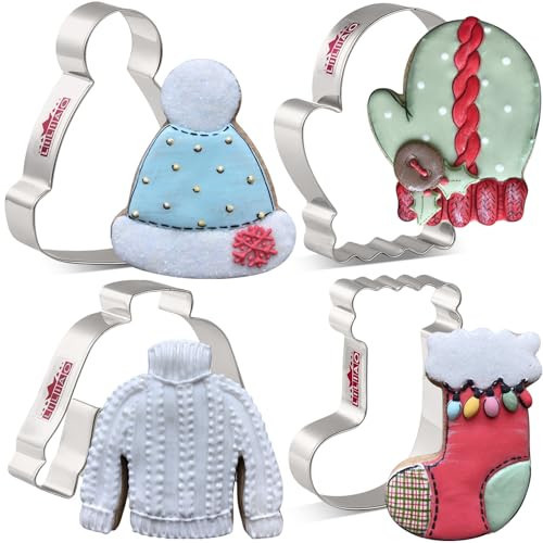 LILIAO Winter Holiday Christmas Cookie Cutter Set - 4 Piece - Ugly Sweater, Stocking, Hat and Mitten Fondant Biscuit Cutters - Stainless Steel | Amazon (US)