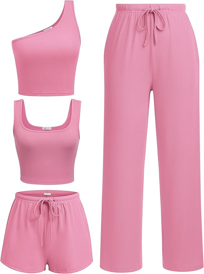 Ekouaer Womens 4 Piece Lounge Sets Ribbed Knit Crop Tank Top and Shorts Pants Casual Outfits | Amazon (US)