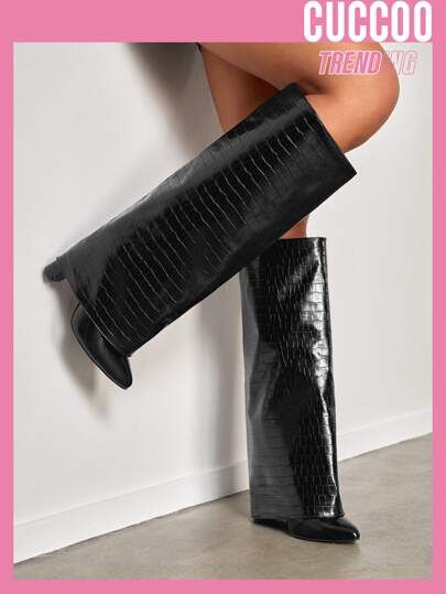 CUCCOO Trending Crocodile Embossed Point Toe Chunky Heeled Classic Boots | SHEIN