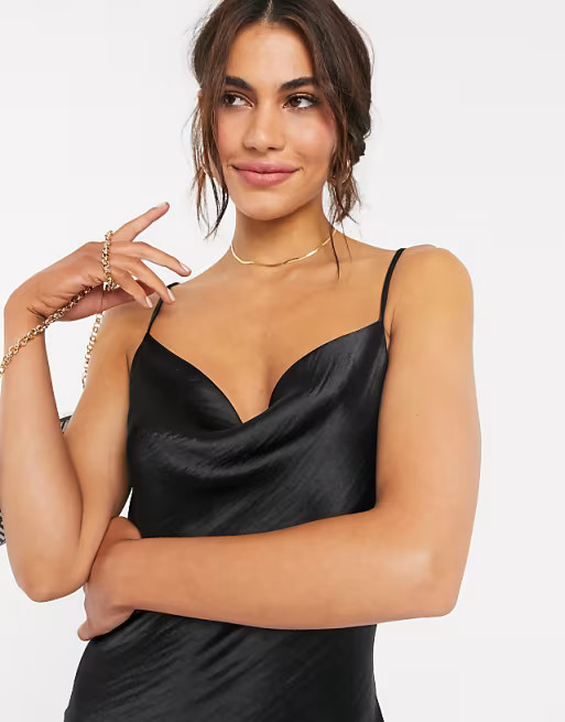 ASOS DESIGN cami maxi slip dress in high shine satin with lace up back in black | ASOS (Global)