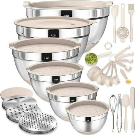 Mixing Bowls with Airtight Lids, AOKIWO 26Pcs Stainless Steel Nesting Non-Slip Bottoms Mixing Serving Bowls Set wtih 3 Grater & Tools Gadgets, 7/4/2.5/2.5/1.5/1QT Metal Salad Bowls for Serving Preppi | Walmart (US)