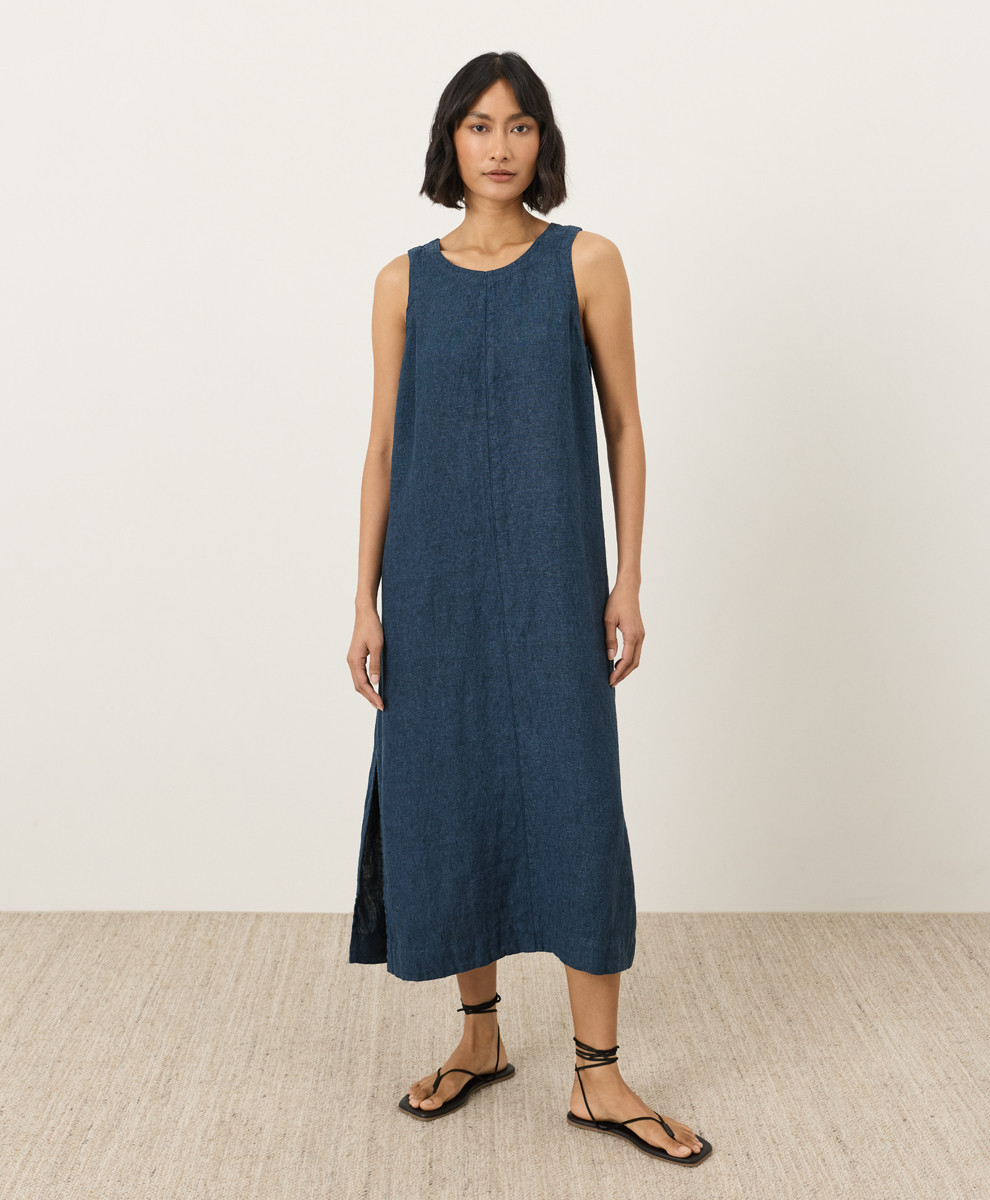 Women's Navy Yarn Dye Linen Easy Tank Dress XS | Pact Apparel