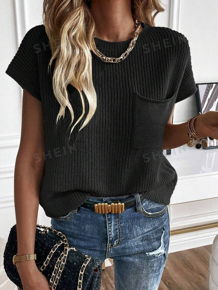 SHEIN LUNE Solid Pocket Patched Knit Top | SHEIN