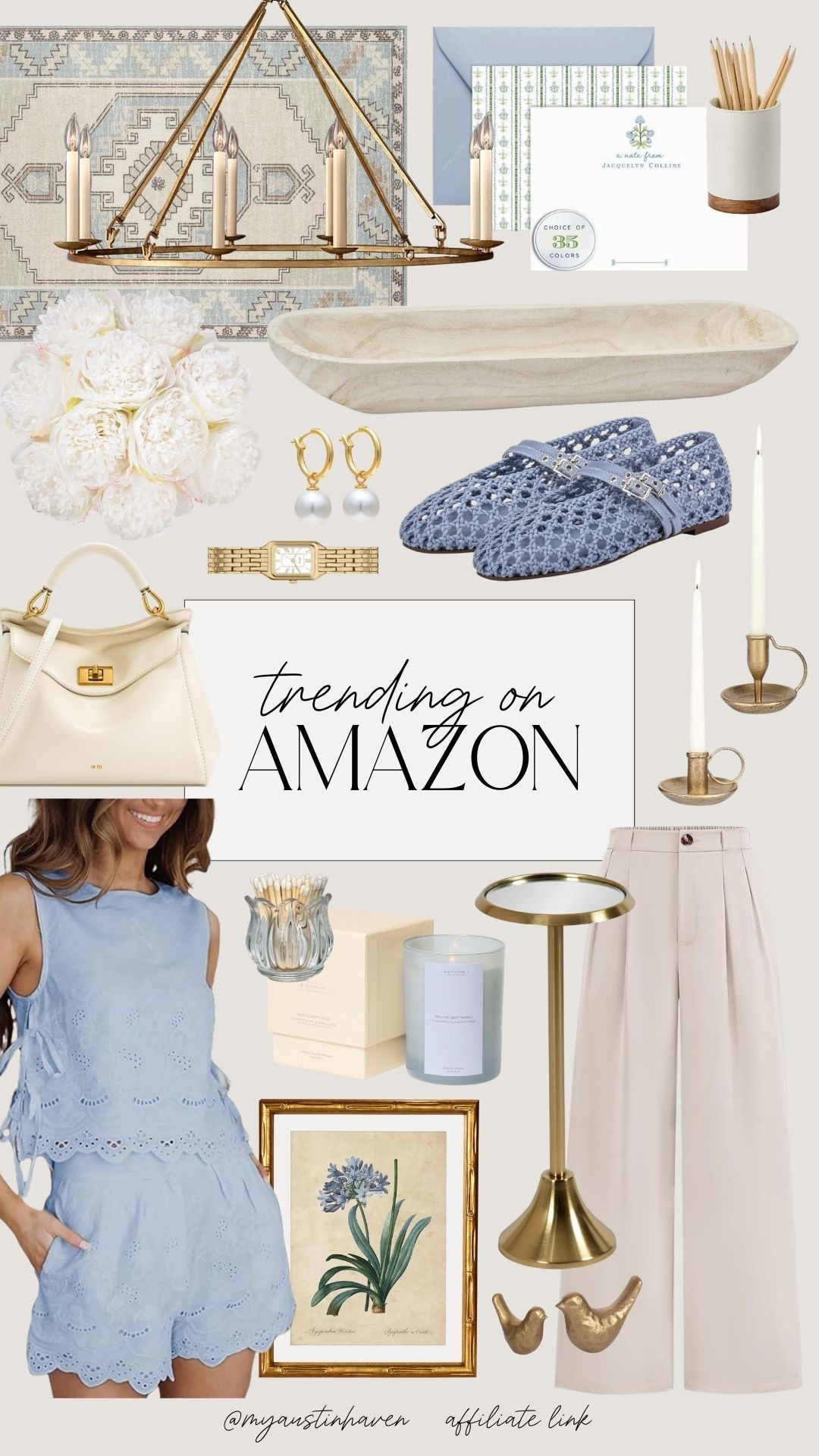 Trending Amazon finds featuring chic fashion pieces and timeless home decor favorites. ✨💙🌿

Amazon fashion finds, blue and white, preppy style, grandmillennial, trending amazon products, neutral home decor, gold candle holders, woven flats, blue summer outfit, pleated wide leg pants, statement chandelier, decorative tray bowl, floral wall art, pearl drop earrings, mini shoulder bag, candle decor, aesthetic home styling, amazon lifestyle finds, classic style. 

 

#LTKdayinmylife #LTKHome #LTKSeasonal