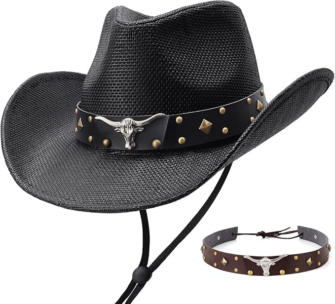 SANSTHS Cowboy Cowgirl Hats for Men Women 2 Pack Hatbands Straw Hat Wide Brim Breathable Western ... | Amazon (US)