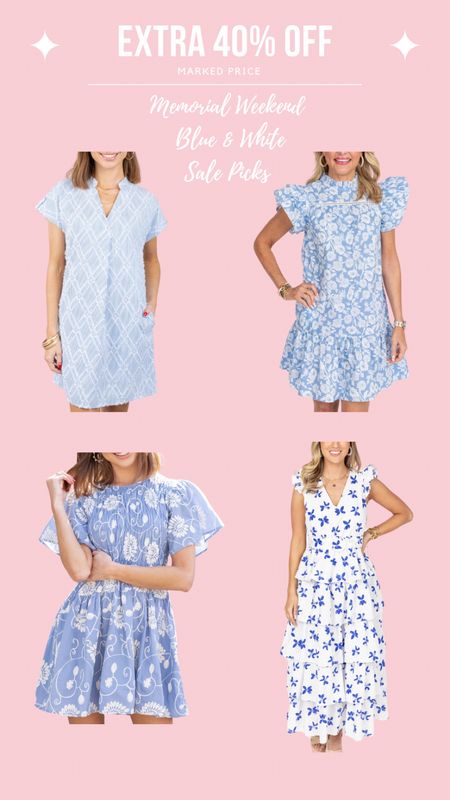 Blue and white grand millennial dresses on sale. Summer dress, summer outfit. 
Code memorial40 40% off

#LTKSaleAlert #LTKFindsUnder100 #LTKFindsUnder50