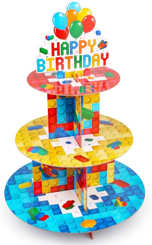 Building Block Cupcake Stand 3 Tier Birthday Party Supplies for Kids Adults, Colorful Blocks Cons... | Amazon (US)