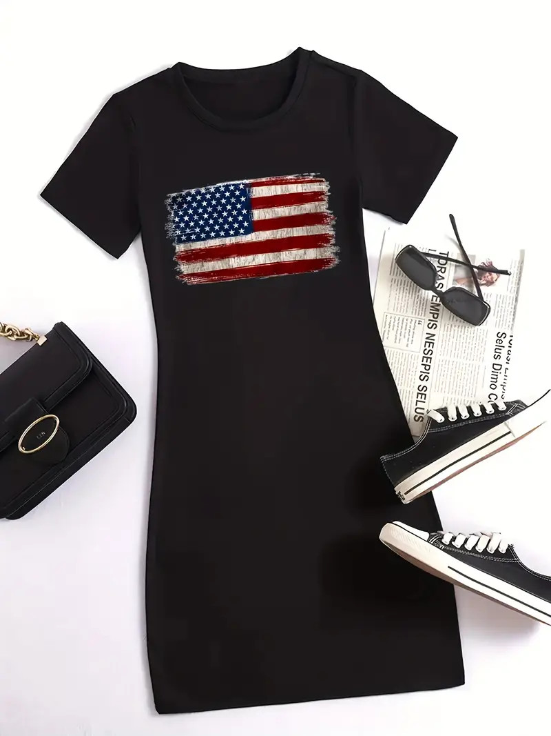 Flag Print Crew Neck Dress Casual Short Sleeve Dress Spring - Temu | Temu Affiliate Program