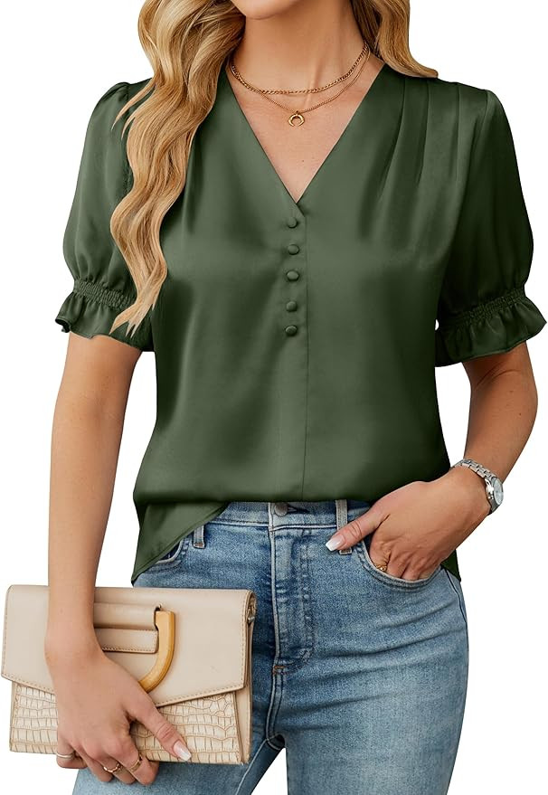 BMJL Women's Dressy Casual Satin V Neck Short Sleeve Blouse | Amazon (US)