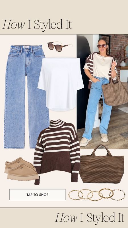How I styled this fall look 🤎🤎 some of my favorite basics here! This striped target sweater is new and I LOVE! It’s so cute and I went up two sizes for it to be super large 🥰

Abercrombie jeans, Ugg slippers, Taz Uggs, striped turtleneck, fall fashion, Naghedi tote, my everyday bag, chocolate brown for fall, off shoulder tee, amazon sunglasses, Nuud official 

#LTKitbag #LTKSeasonal #LTKshoecrush