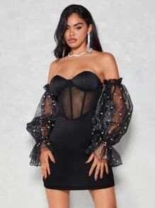 SHEIN BAE Off Shoulder Mesh Panel Pearls Beaded Flounce Sleeve Bodycon Dress | SHEIN