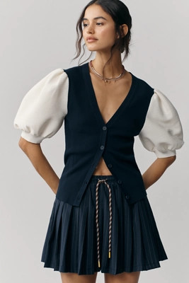 Maeve Puffed Short-Sleeve V-Neck Cardigan Sweater | Anthropologie (US)