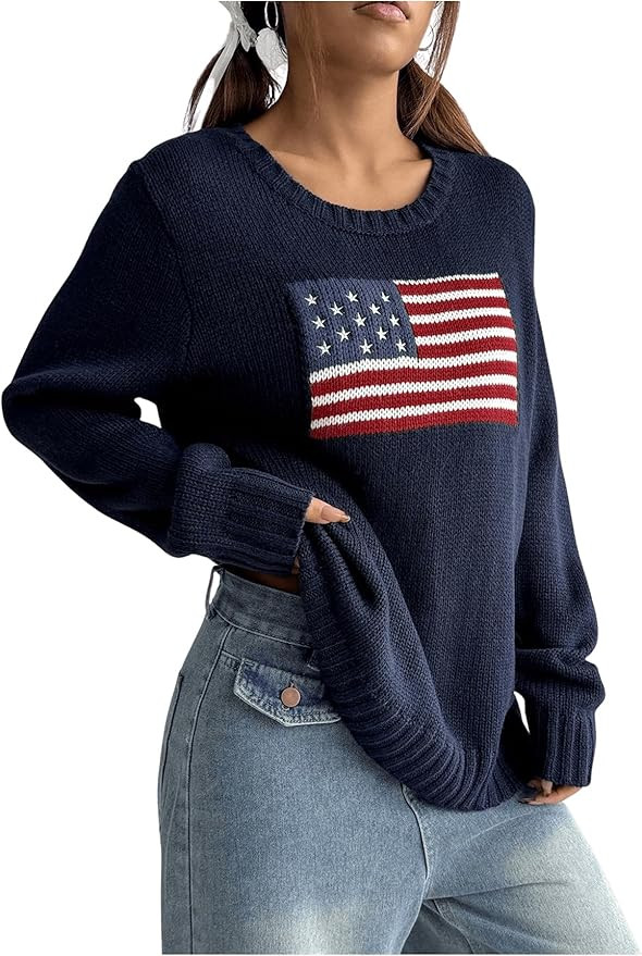 SweatyRocks Women's Flag Pattern Long Sleeve Round Neck Sweater Casual Loose Pullover Sweater | Amazon (US)