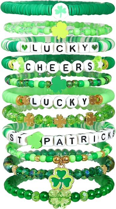 St. Patrick’s Day Bracelets for Women, Shamrock & Lucky Charm Green Clay Bead Stretch Bracelets... | Amazon (US)