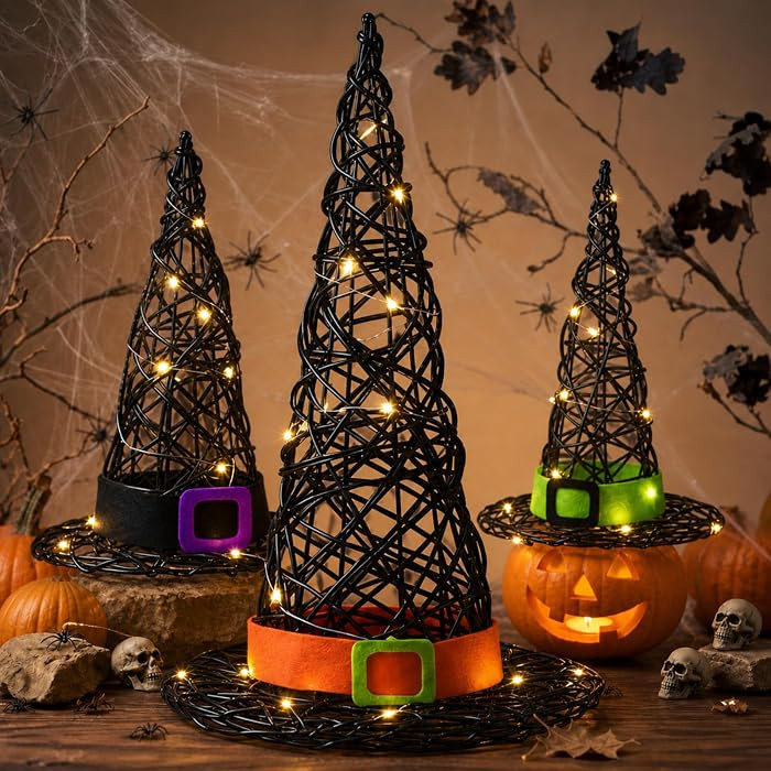 Lineshading 3 Pcs Lighted Halloween Rattan Witch Hat Table Decor, Belt | Amazon (US)