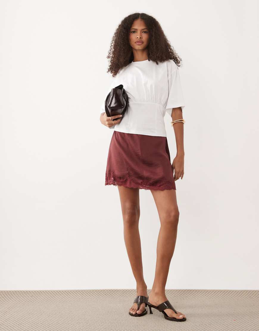 Abercrombie & Fitch lace trim satin mini skort in burgundy-Red | ASOS (Global)