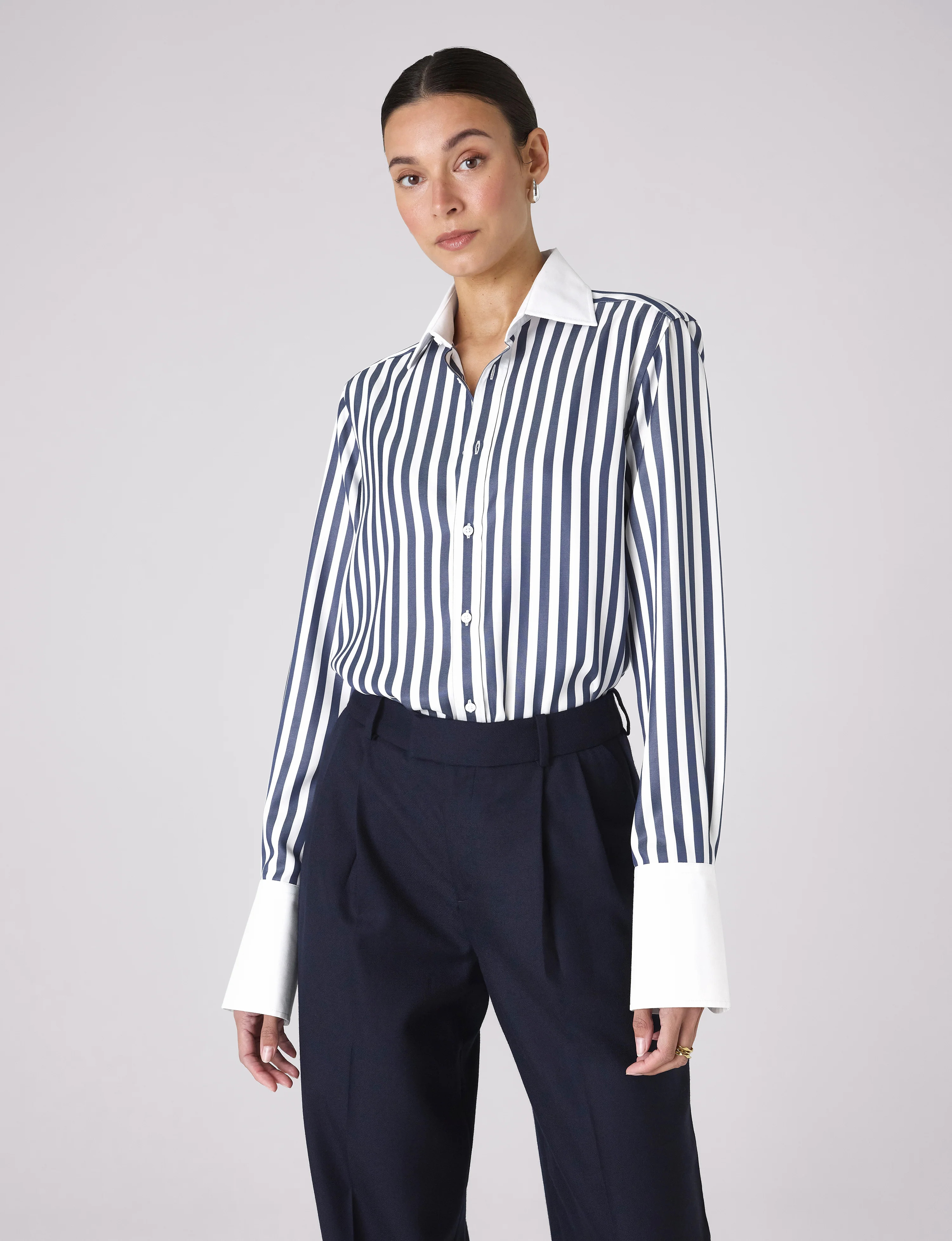 The Boyfriend Contrast Exaggerated Cuff: TENCEL™ Lyocell, Navy Blue Stripe | With Nothing Underneath