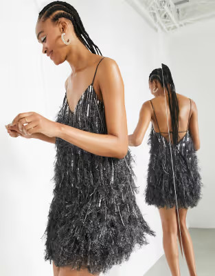 ASOS EDITION feather and sequin mini dress with low back in charcoal | ASOS | ASOS (Global)