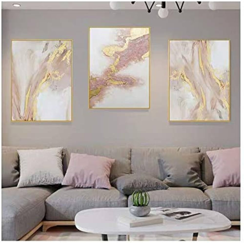 3 Piece Framed Canvas Wall Art Pink Gold Abstract Painting Water Flow Shape Modern Home Decor Rea... | Amazon (US)