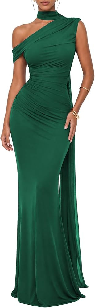 Isolde Women's One Shoulder Mesh Ribbon Ruched Formal Maxi Dress | Amazon (US)