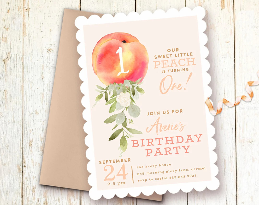Peach Birthday Invitations, Little Peach, 1st Birthday Invitations Girl Peach, One Year Girl Invi... | Etsy (US)