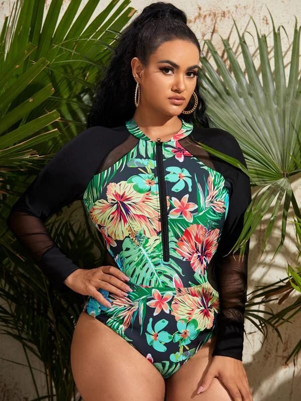Plus Floral & Tropical Contrast Mesh One Piece Swimsuit | SHEIN