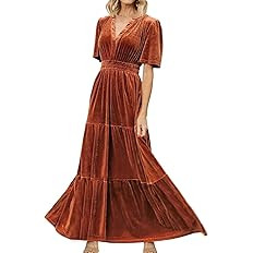 Amegoya Women's Velvet Short Sleeve V Neck Formal Wedding Guest Maxi Dresses Fall Evening Party L... | Amazon (US)