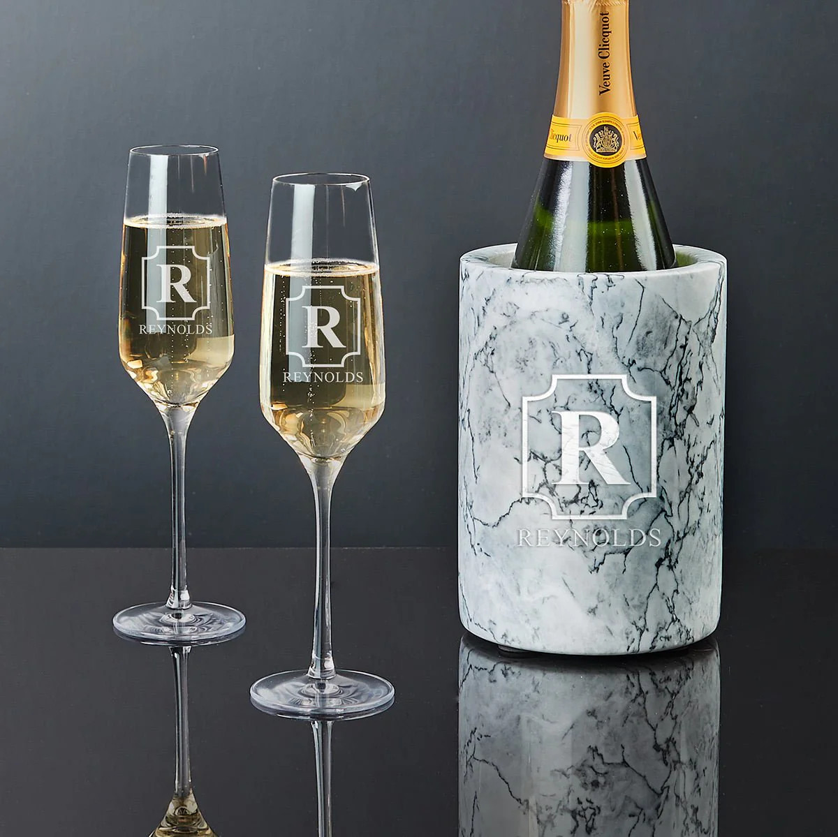 Stolzle Personalized Champagne Flutes with White Marble Champagne Bottle Chiller, Manhattan Desig... | HomeWetBar.com