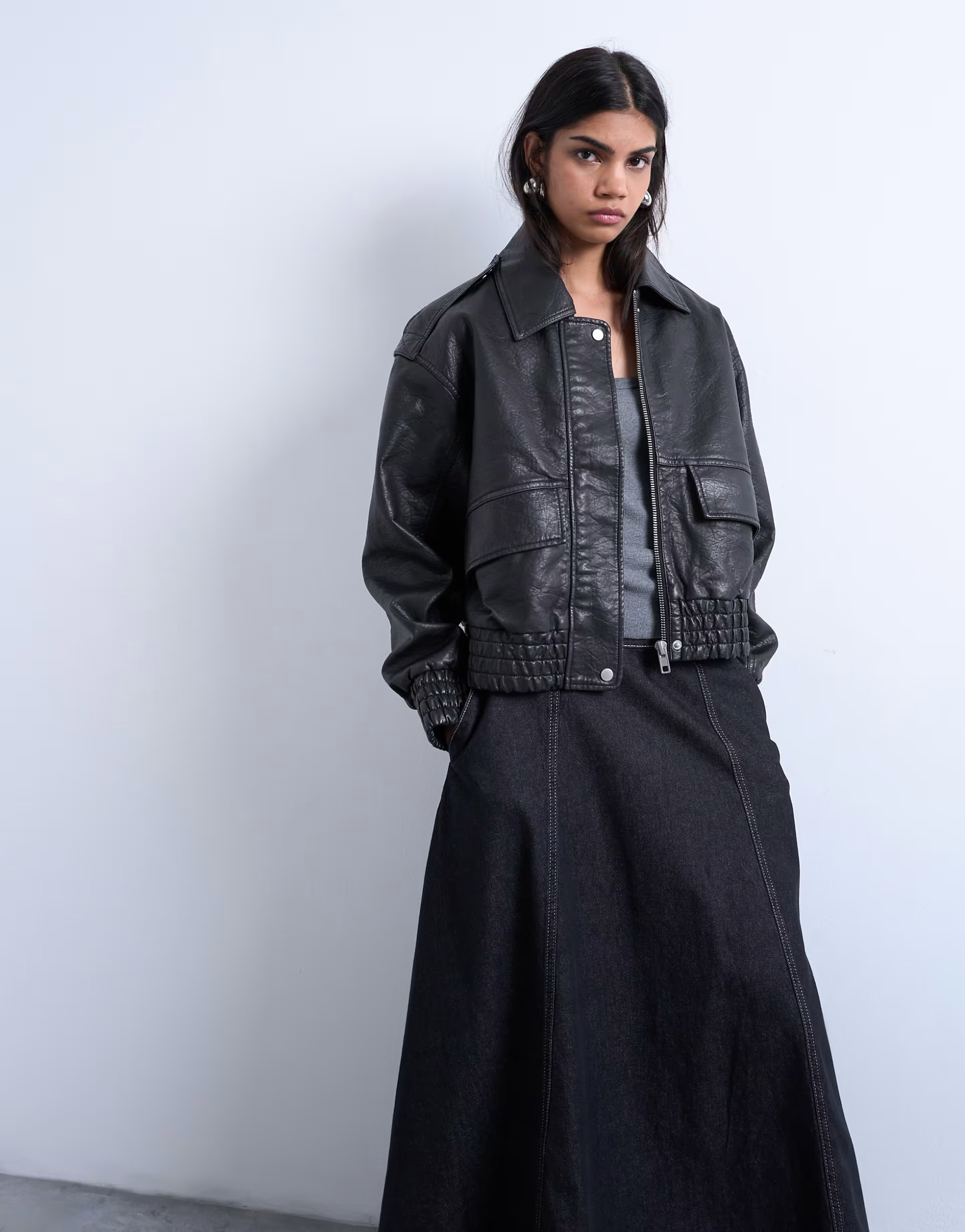 Topshop short bubble faux leather bomber jacket in black | ASOS (Global)