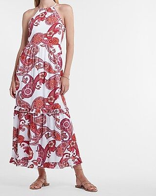Textured Paisley Tiered Halter Maxi Dress | Express