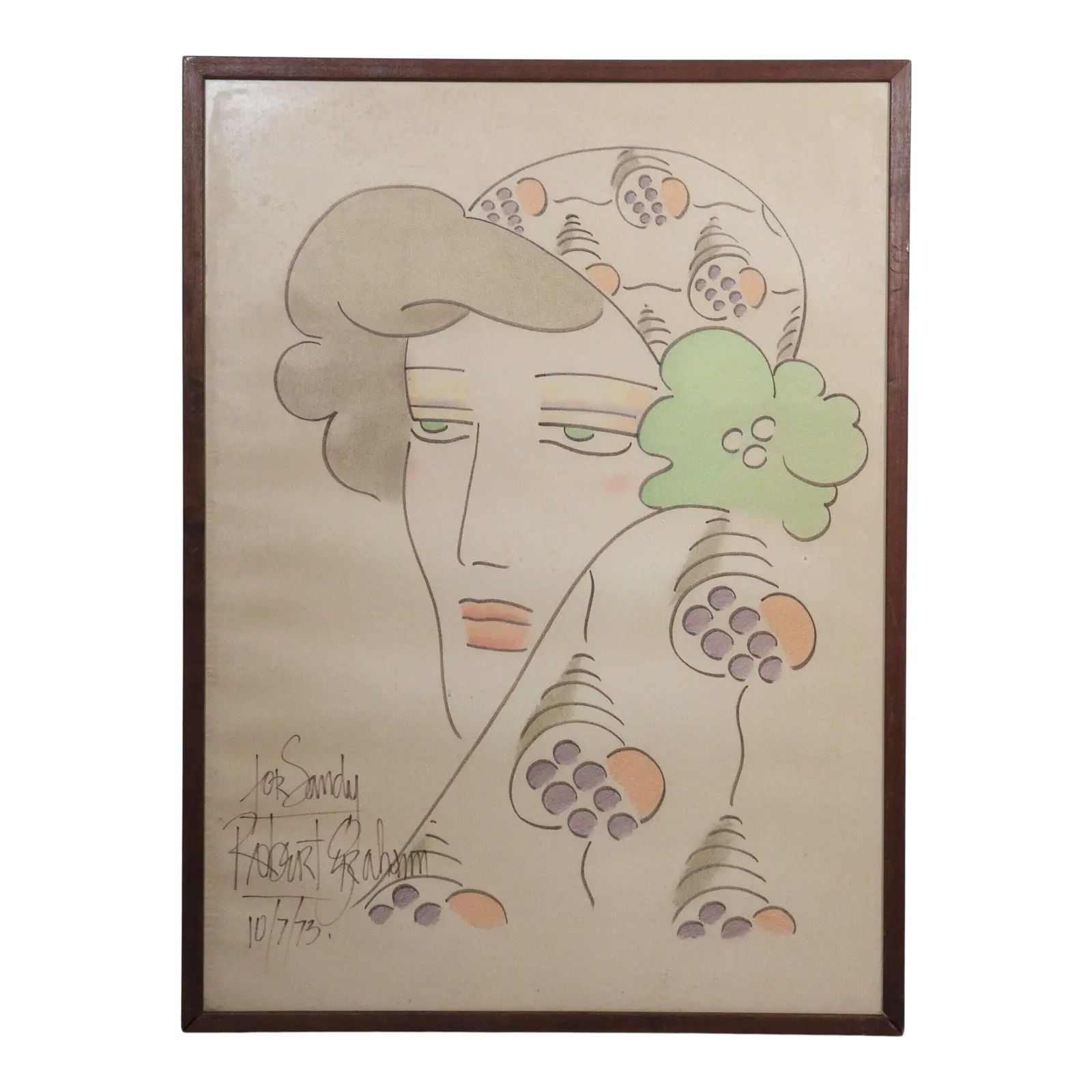 1973 Signed Robert Graham Framed Portrait Drawing of a Lady | Chairish