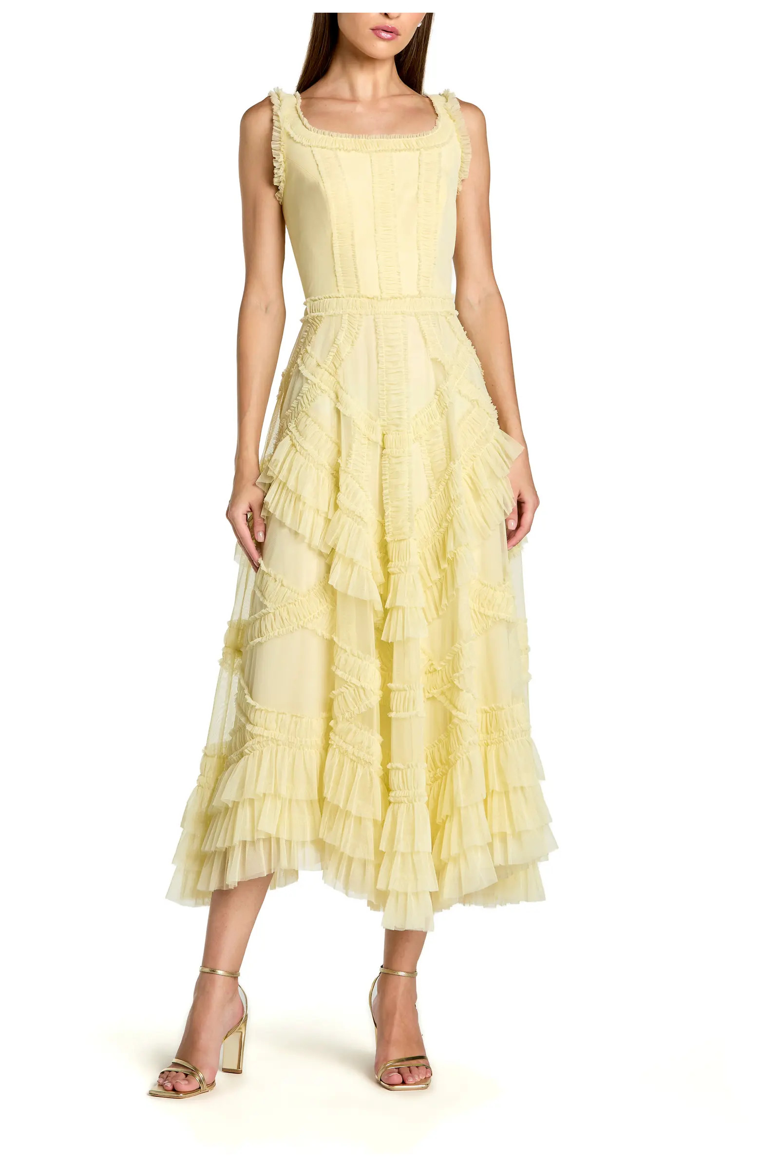 Scoop Neck Sleeveless Mesh Micro Ruffle Midi Dress | Nordstrom