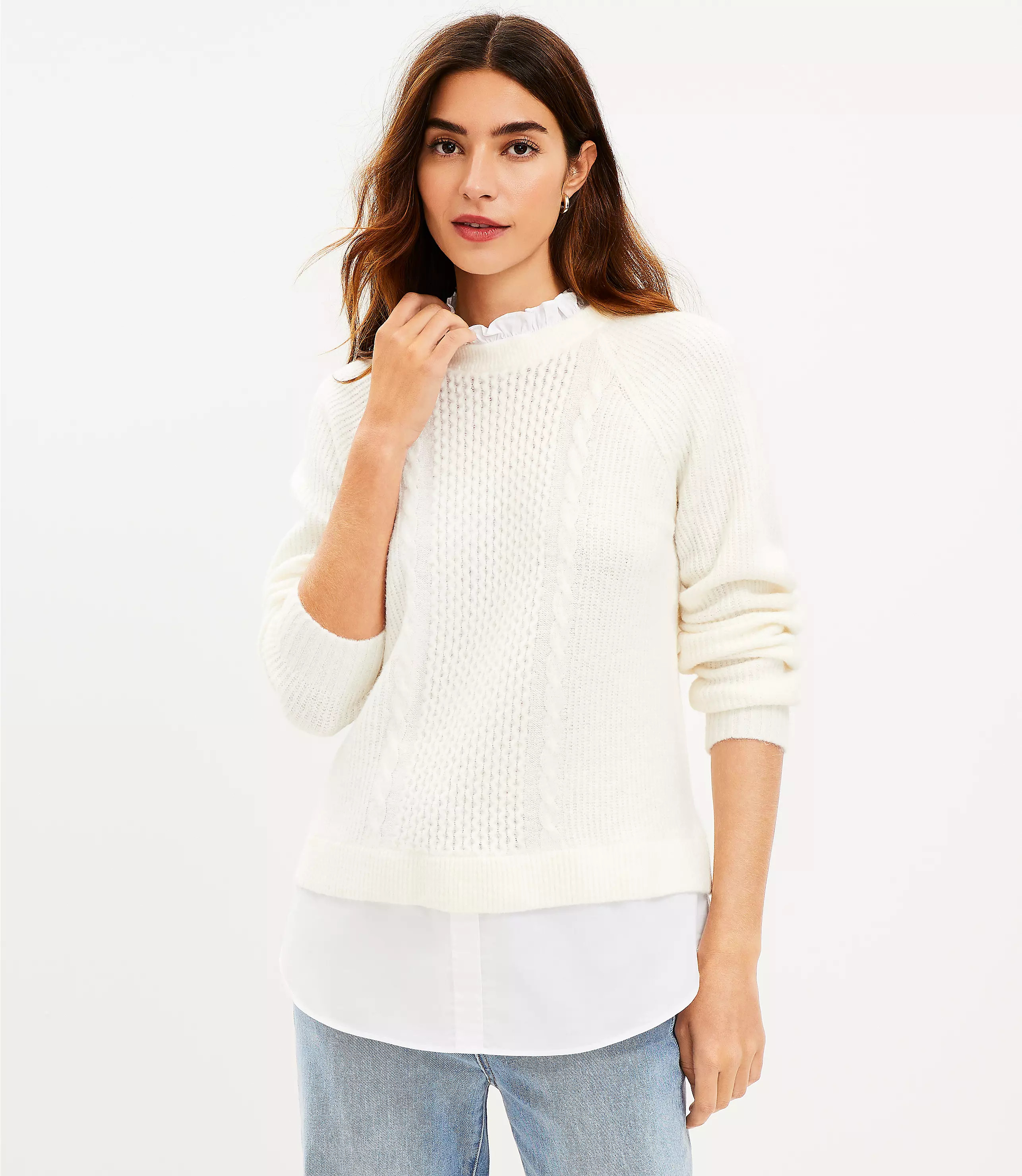 Layered Mixed Media Cable Sweater | LOFT