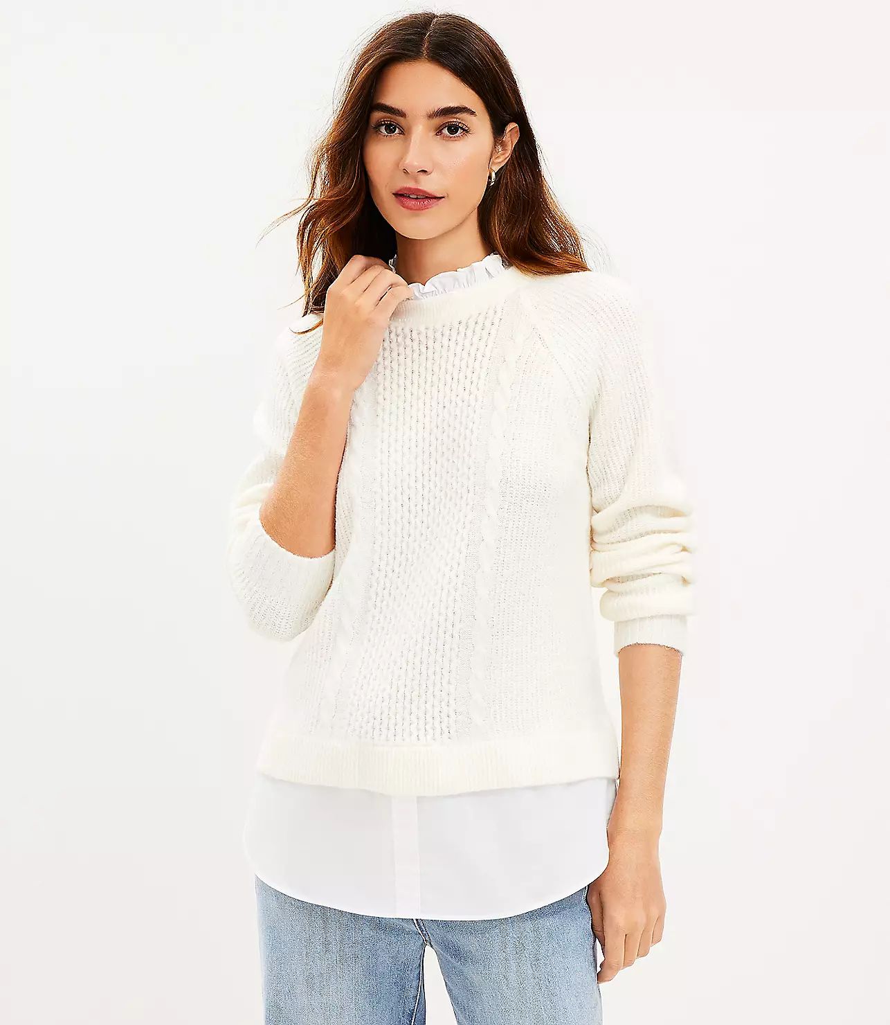 Layered Mixed Media Cable Sweater | LOFT