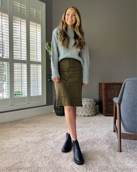 Fall style @anthropologie Maeve olive pencil skirt (size down one size) + gray cozy sweater + ankle boots 

#LTKSeasonal #LTKworkwear #LTKBacktoSchool